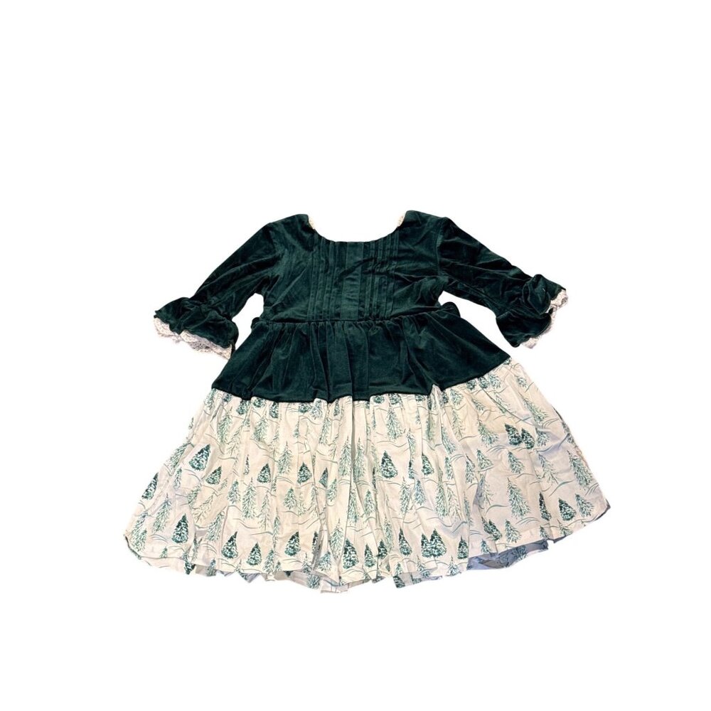 NWT Girl August Velvet & Lace Long Sleeve Dress Size 7 Green & White